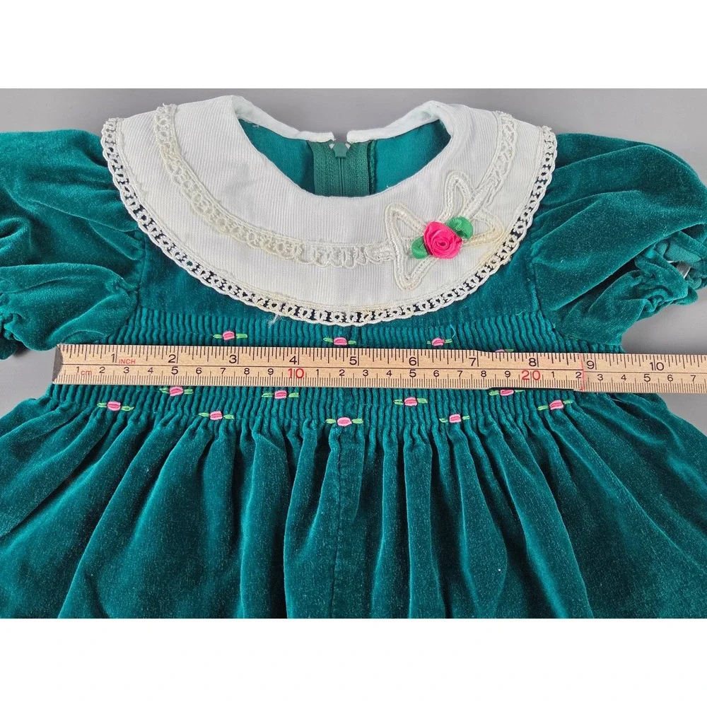 Vintage Green Velvet Baby Bubble Romper Lace Collar Floral Smocking 6 Mos